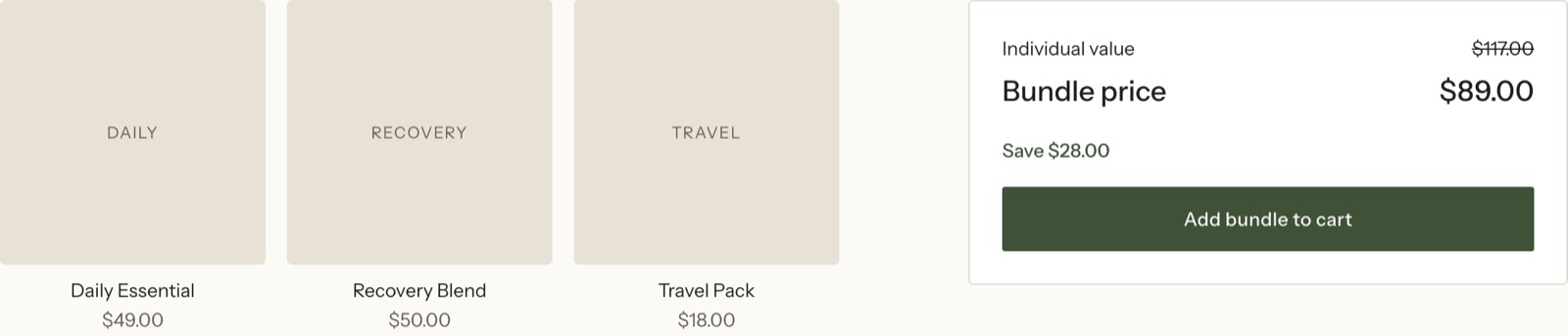 Bundle section showing individual value and bundle price