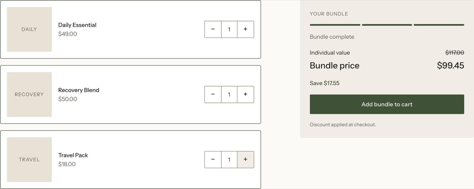 Bundle builder with three products chosen